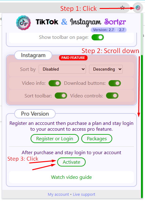TikTok & Instagram Sorter extension activate steps